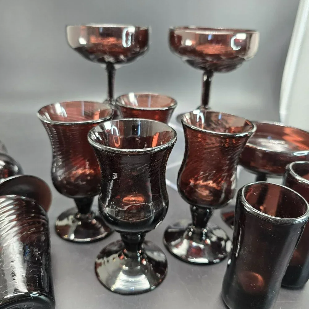 Vintage Handblown Dark Pink Glass Drinkware Set of 14 Pieces DH1357